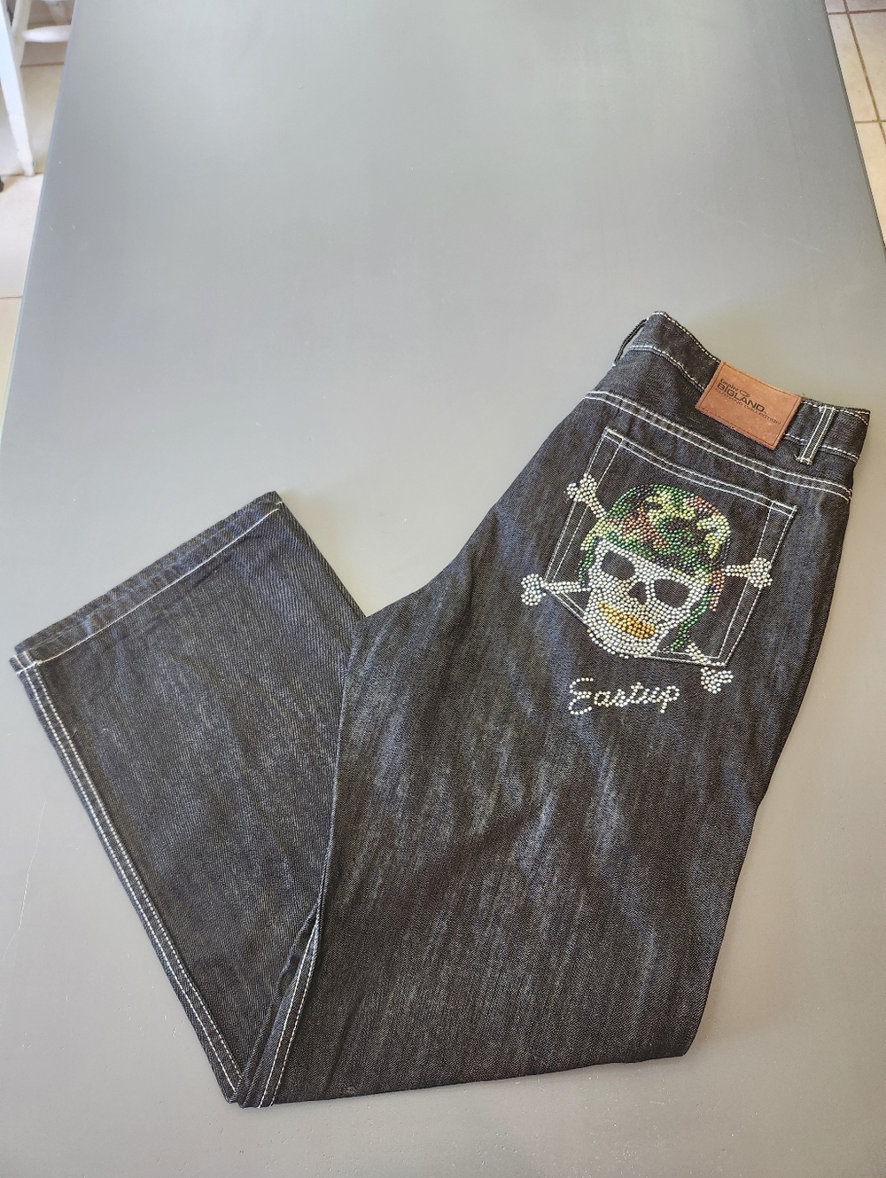 VTG Empire Bigland Baggy Jeans 36x32 Dark Wash Bling Skulls Loose Skater y2k